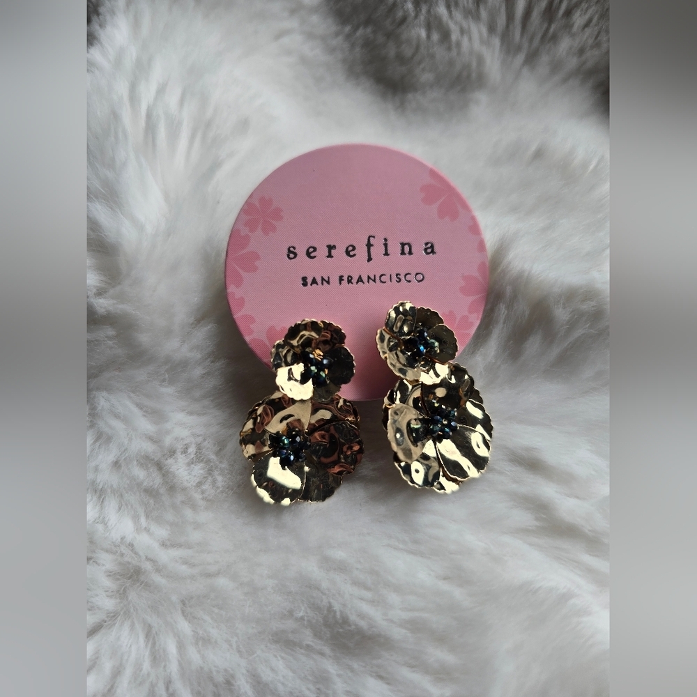 NWOT! Serefina X Anthropologie,  Poppy Front & Back Earrings, Gold/Black - Picture 3 of 5